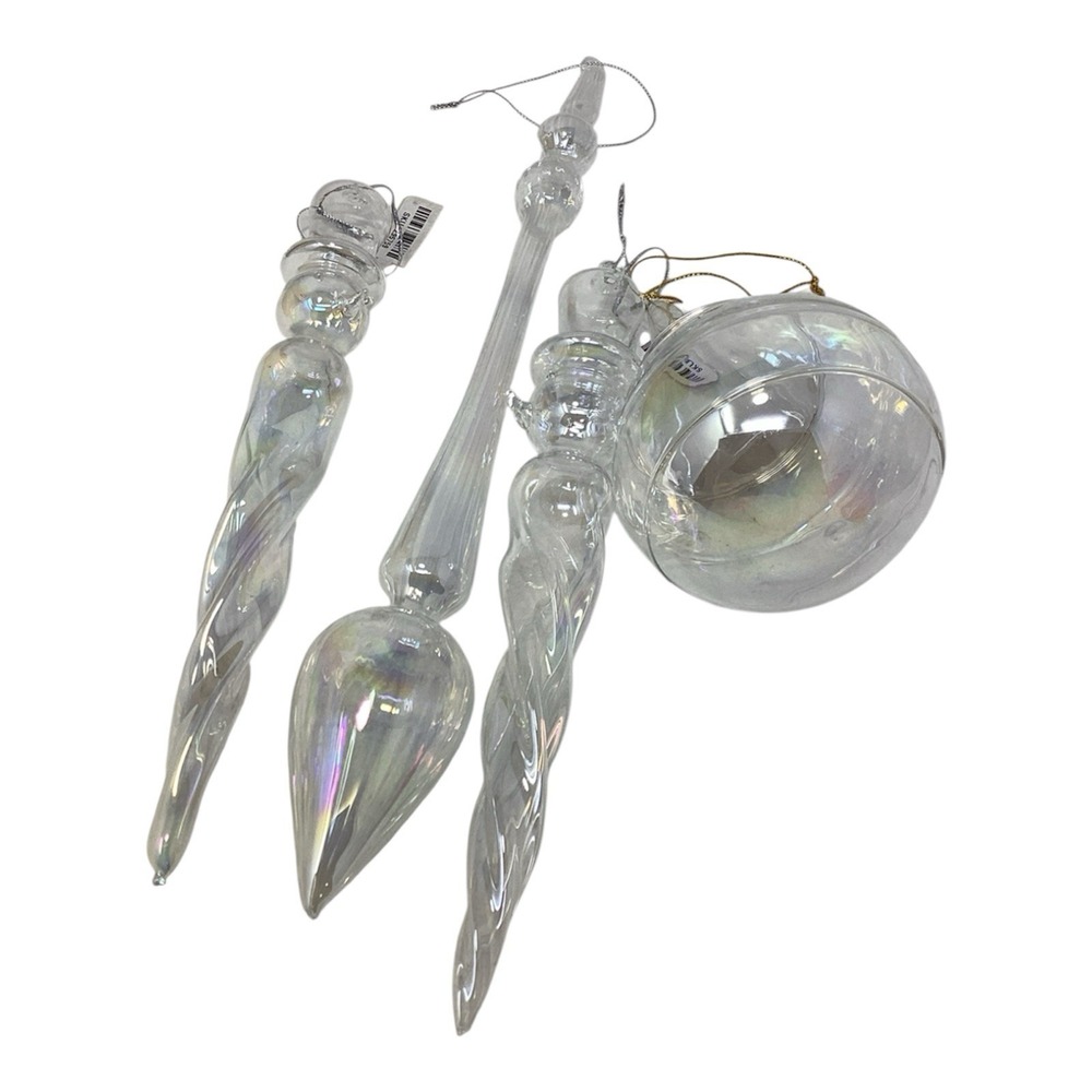 Pier 1 Set Of 4 Blown Glass Christmas (2) Snowman Icicle Ornaments Iridescent